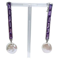 White Gold, Amethysts, Diamonds and Coin Pearls Earrings