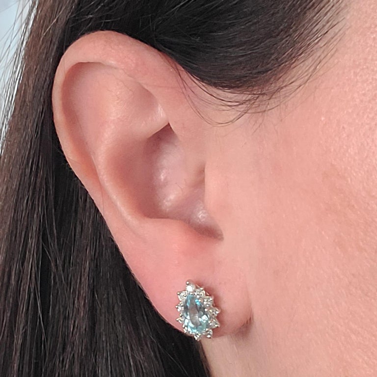 Genuine Aquamarine Lab Diamond Silver Halo Earrings