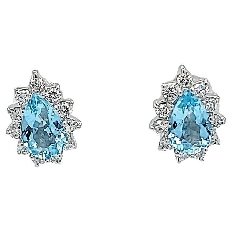 White Gold and Aquamarine Earrings with Diamond Halo