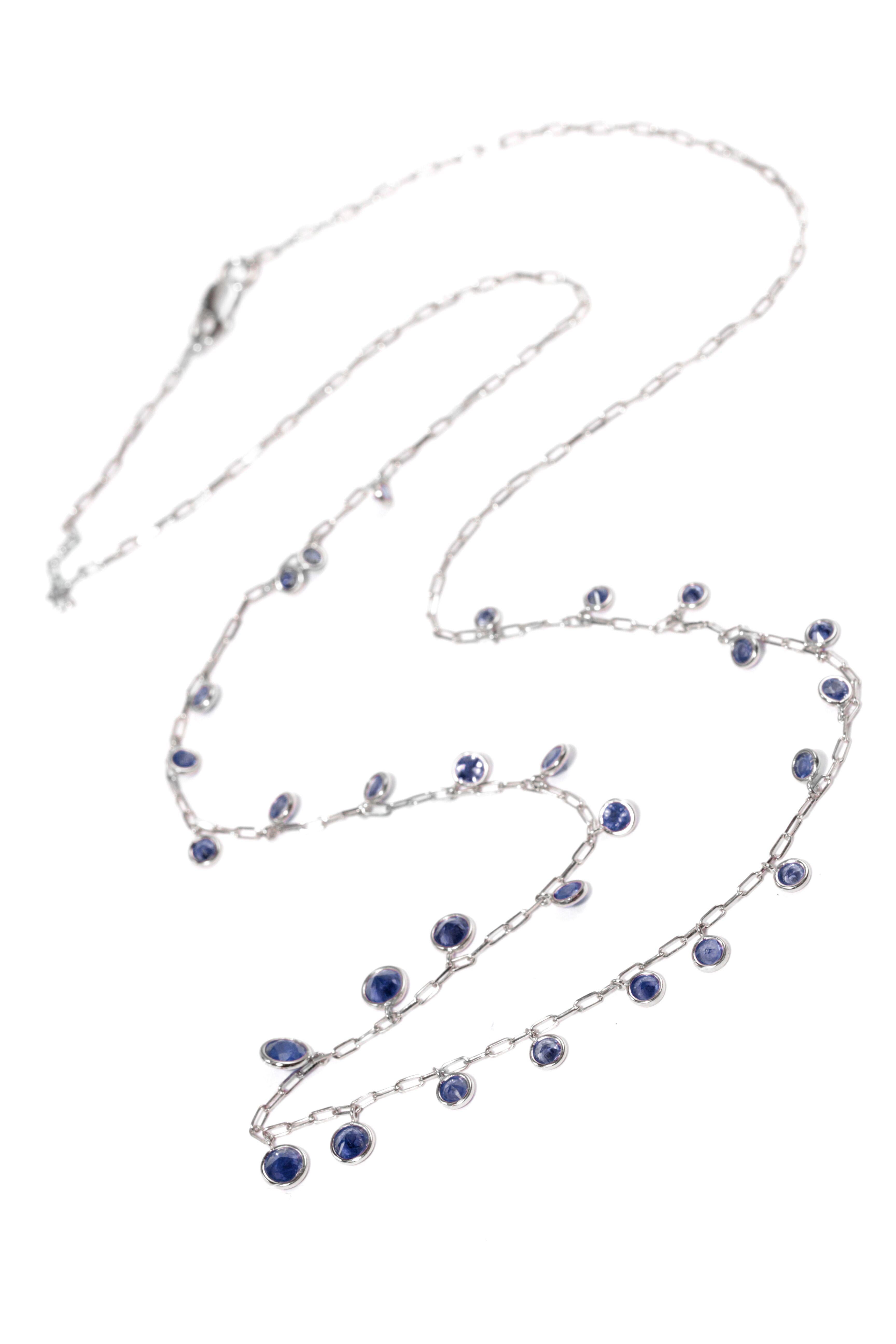 Exclusively designed by Ara Vartanian, this 18 Karat White Gold Necklace features 29 round faceted Blue Sapphires totalling 3.81 Carats.

Because this necklace is made exclusively by and for Ara Vartanian, bespoke alterations can be accommodated,