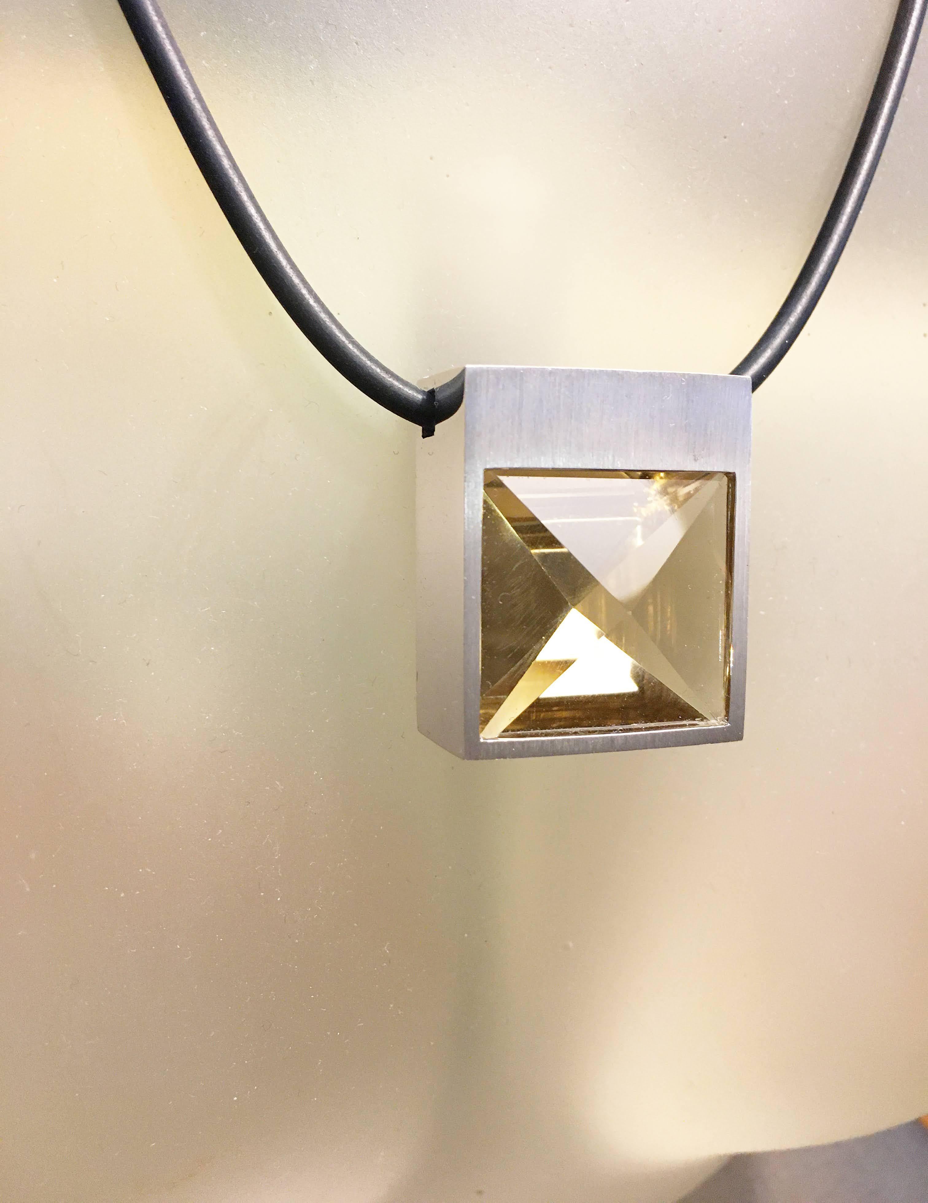 Square Cut White Gold and Context Cut Citrine Square Pendant For Sale