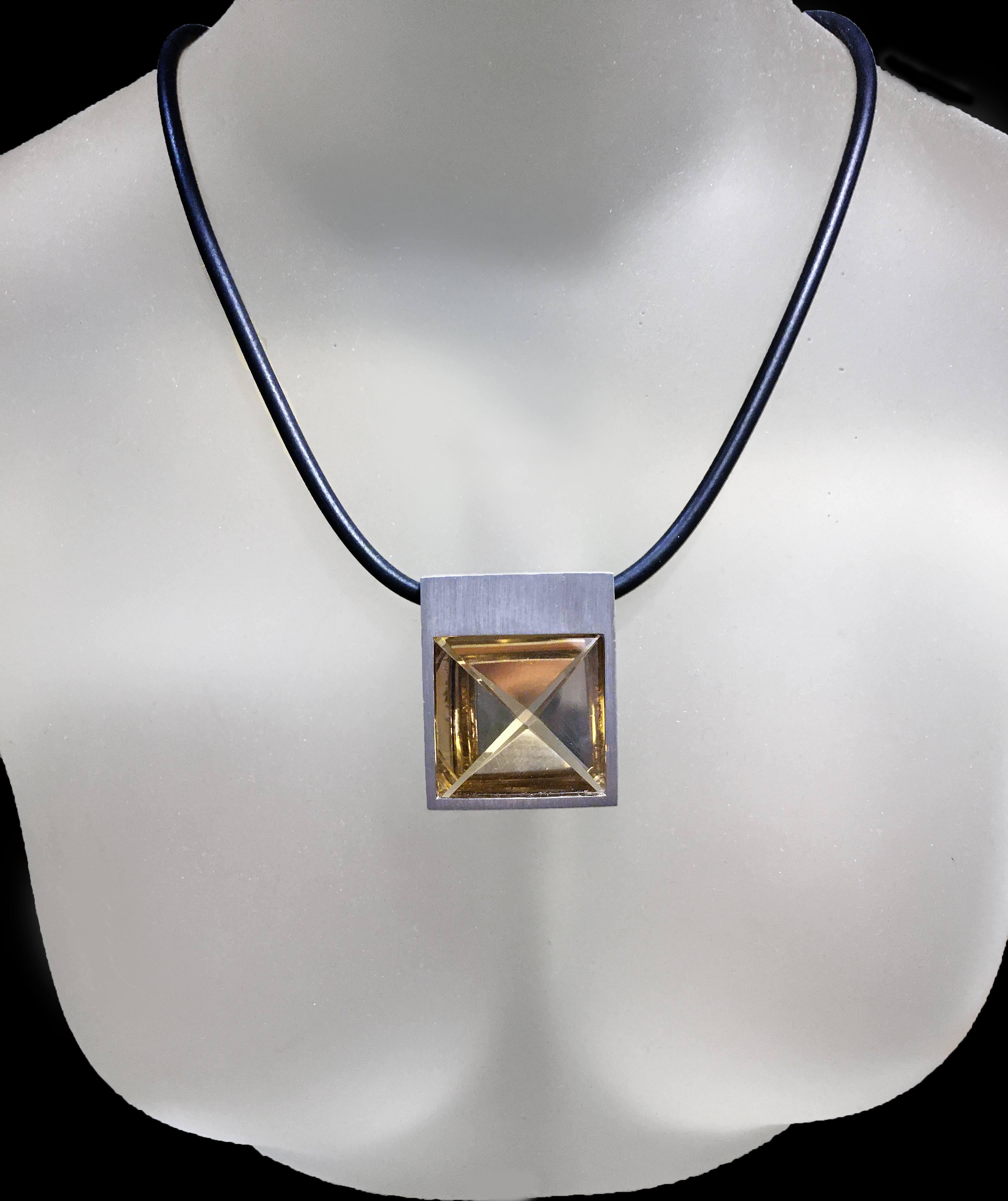 White Gold and Context Cut Citrine Square Pendant For Sale 3
