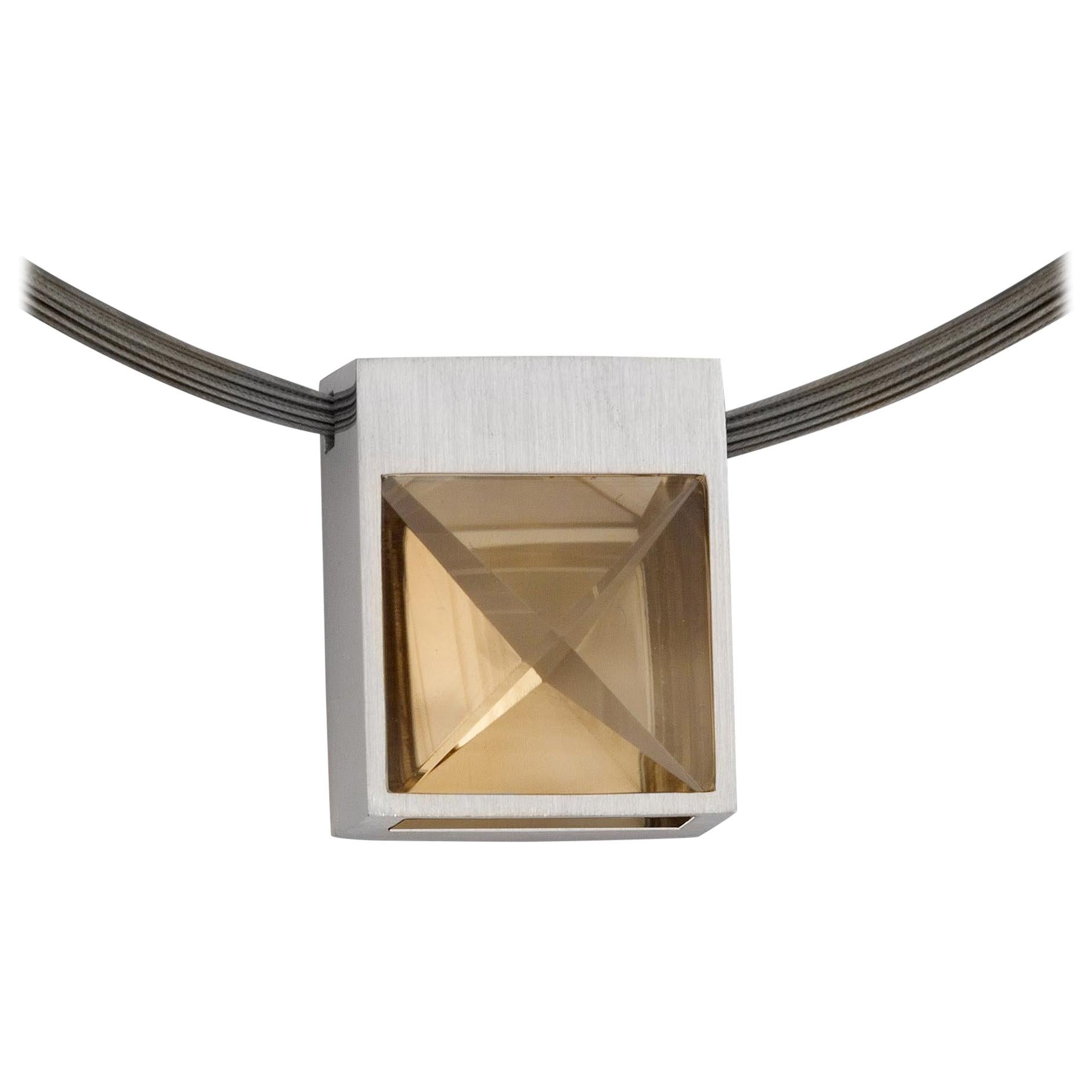White Gold and Context Cut Citrine Square Pendant For Sale