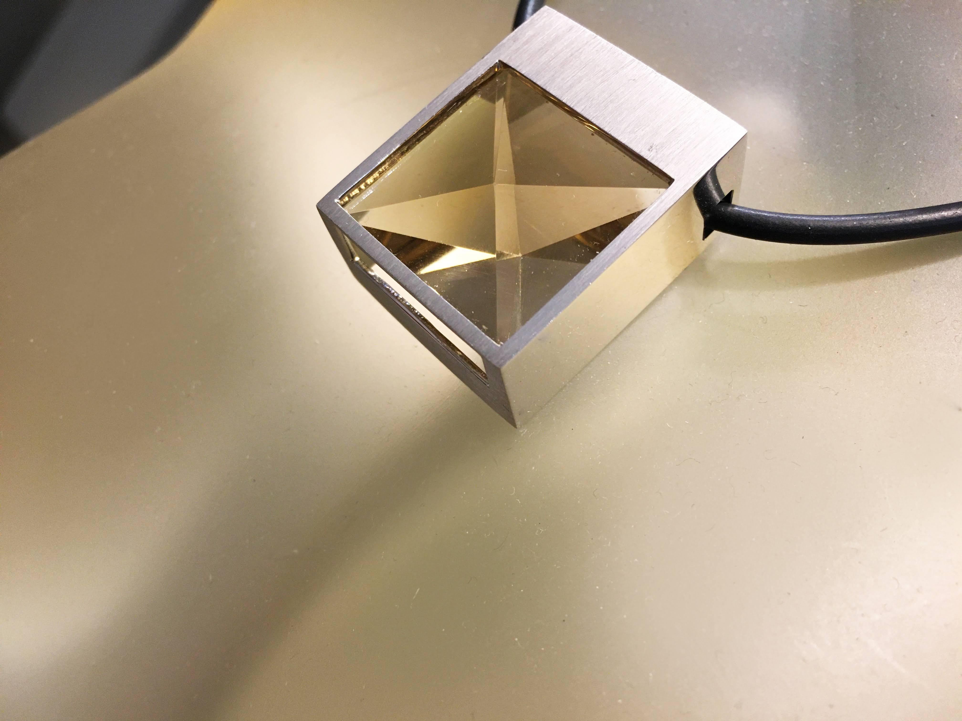 White Gold and Context Cut Citrine Square Pendant on Rubber Cord In New Condition For Sale In los angeles, CA