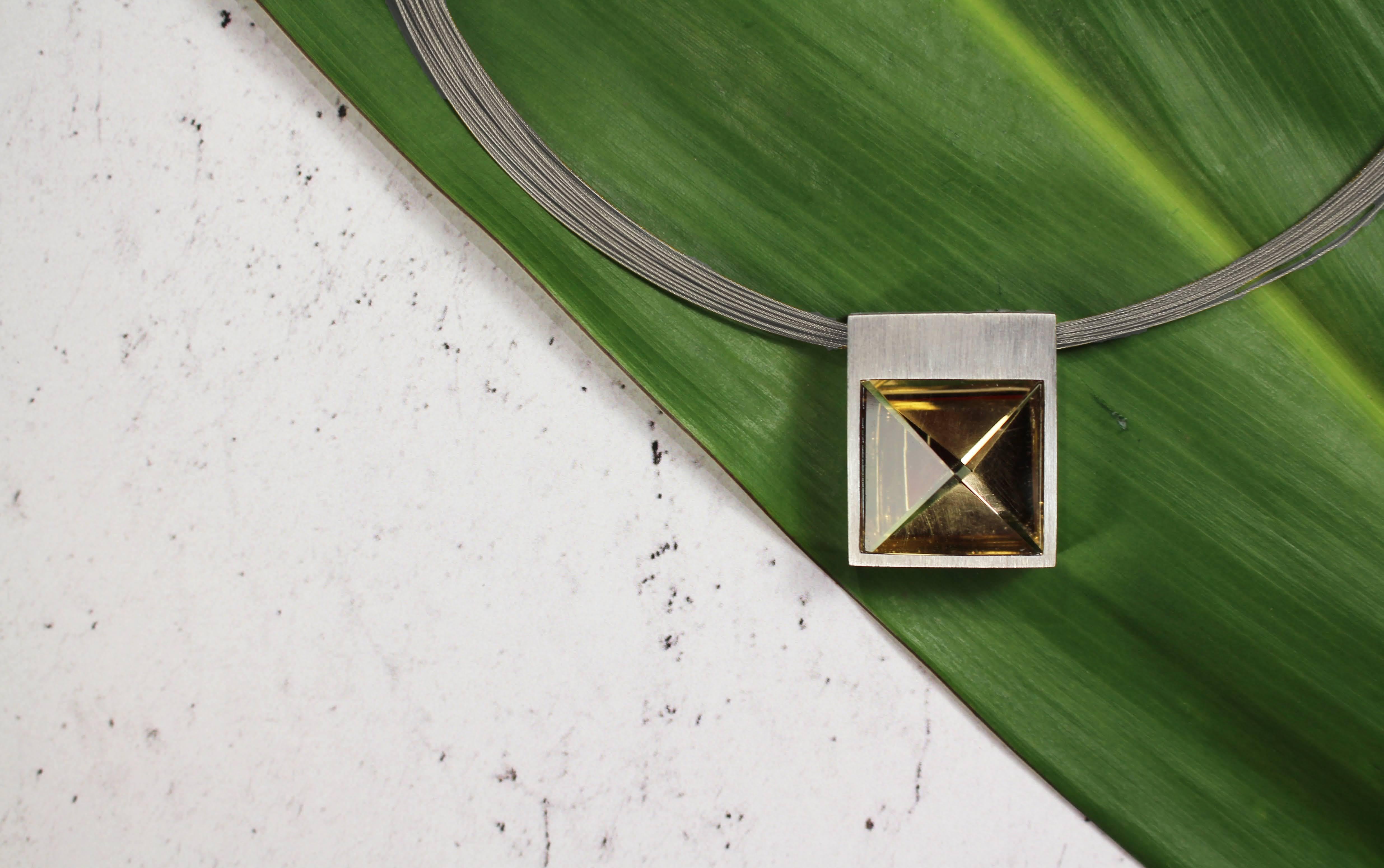 White Gold and Context Cut Citrine Square Pendant on Rubber Cord For Sale 1