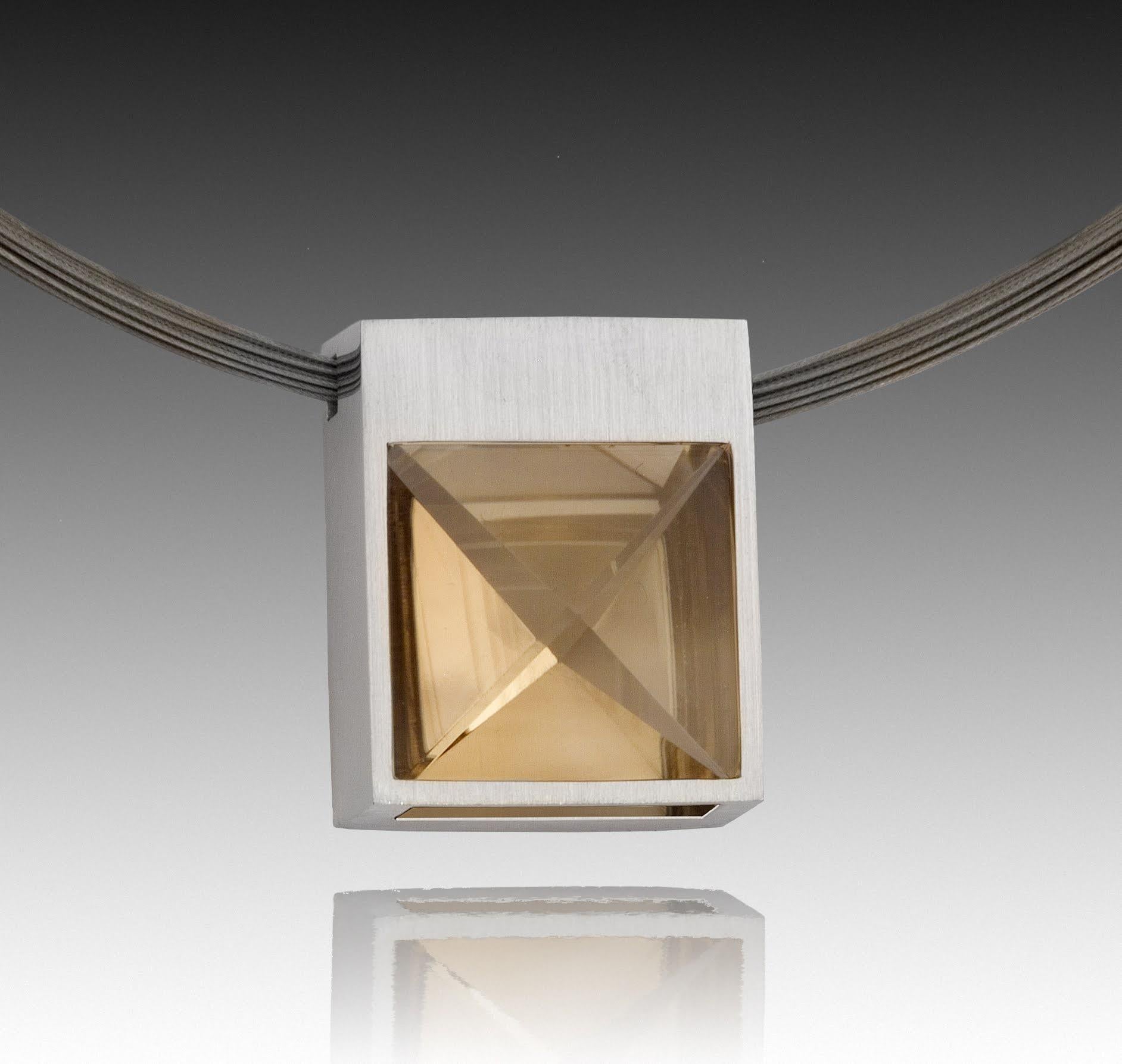 White Gold and Context Cut Citrine Square Pendant on Rubber Cord For Sale 2