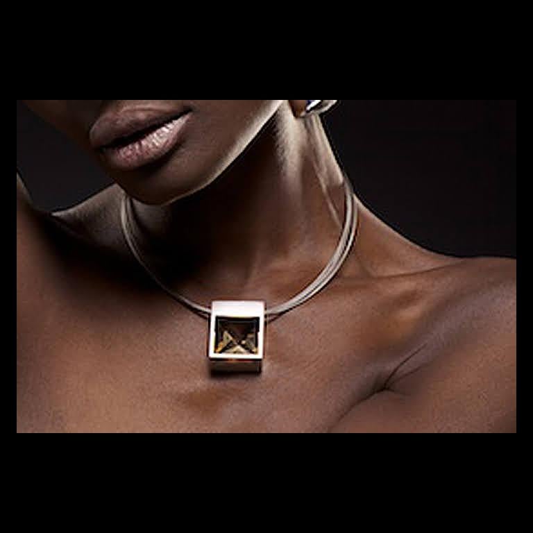 White Gold and Context Cut Citrine Square Pendant on Rubber Cord For Sale 3