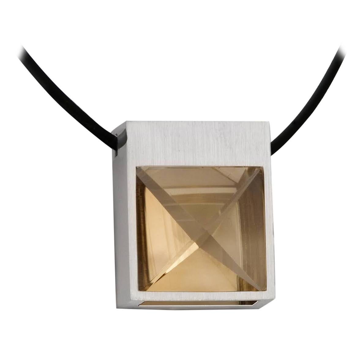 White Gold and Context Cut Citrine Square Pendant on Rubber Cord For Sale