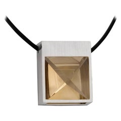 White Gold and Context Cut Citrine Square Pendant on Rubber Cord