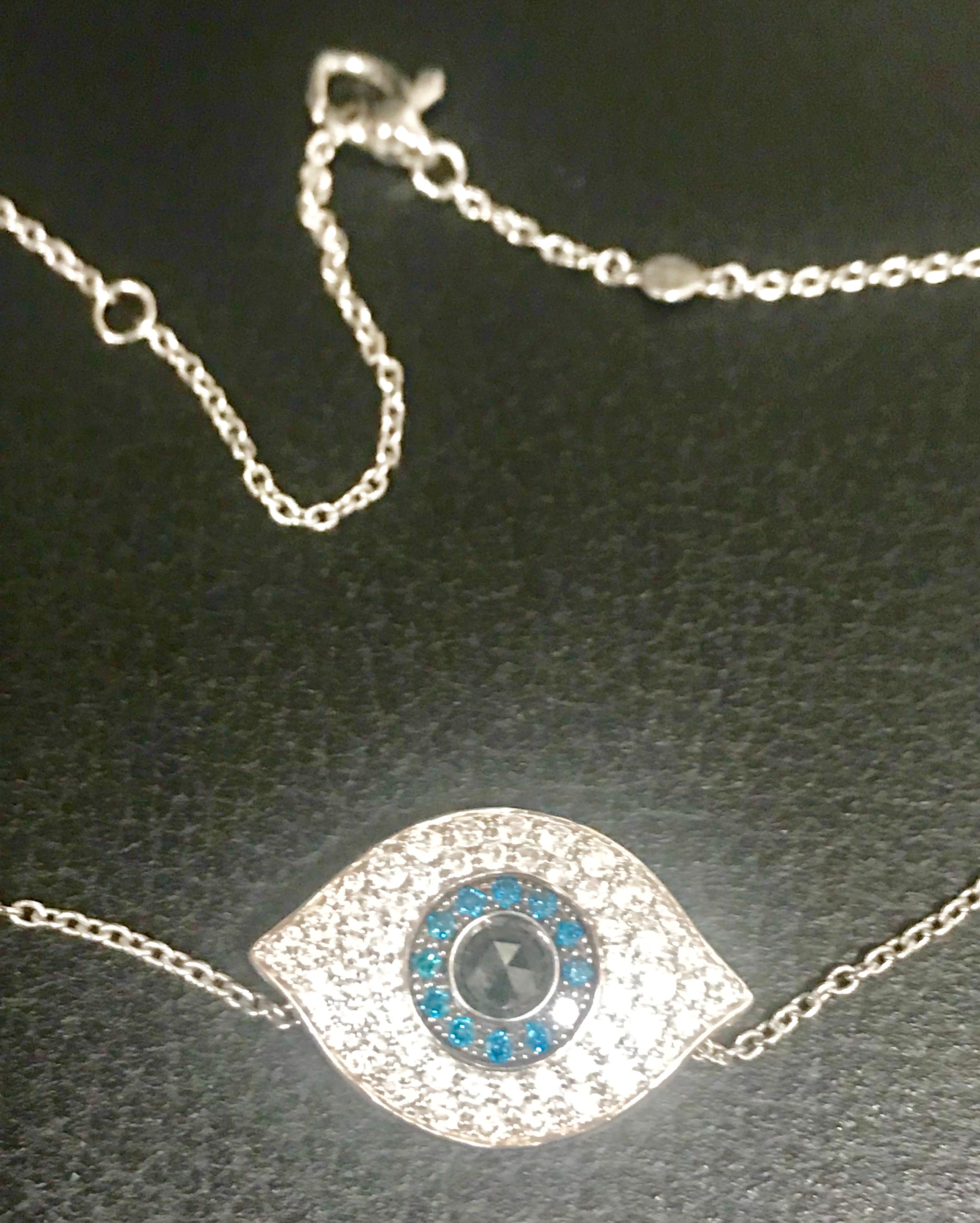 Round Cut White Gold and Diamond, Blue Diamonds, Black Diamond Evil Eye Pendant Necklace