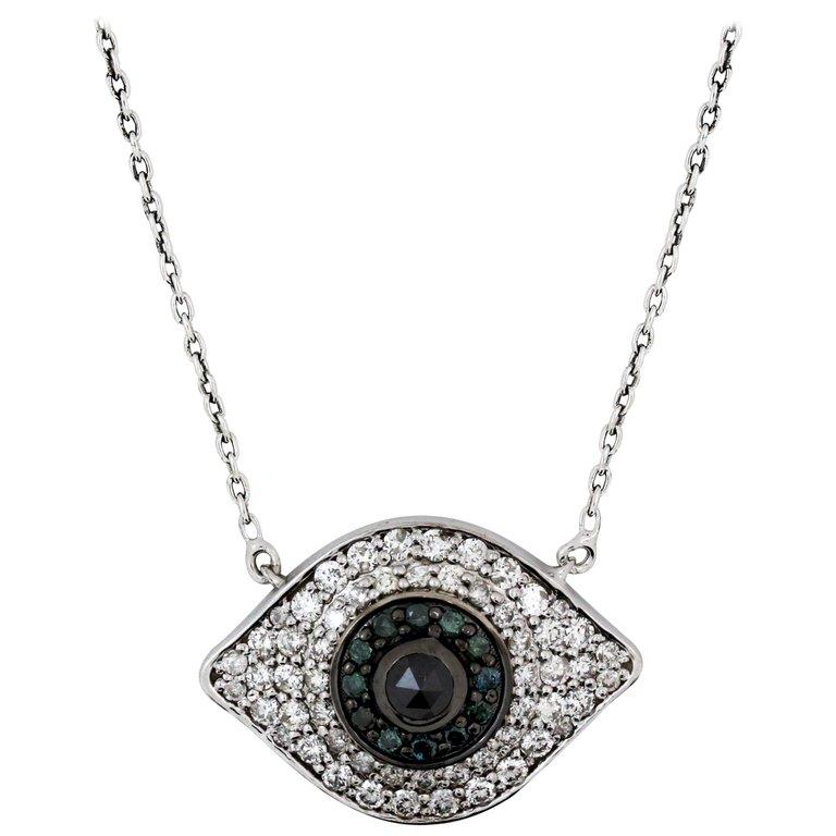White Gold and Diamond, Blue Diamonds, Black Diamond Evil Eye Pendant Necklace