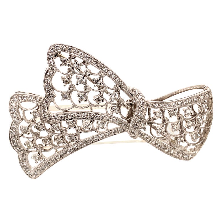 White Gold and Diamond Bow Pin For Sale