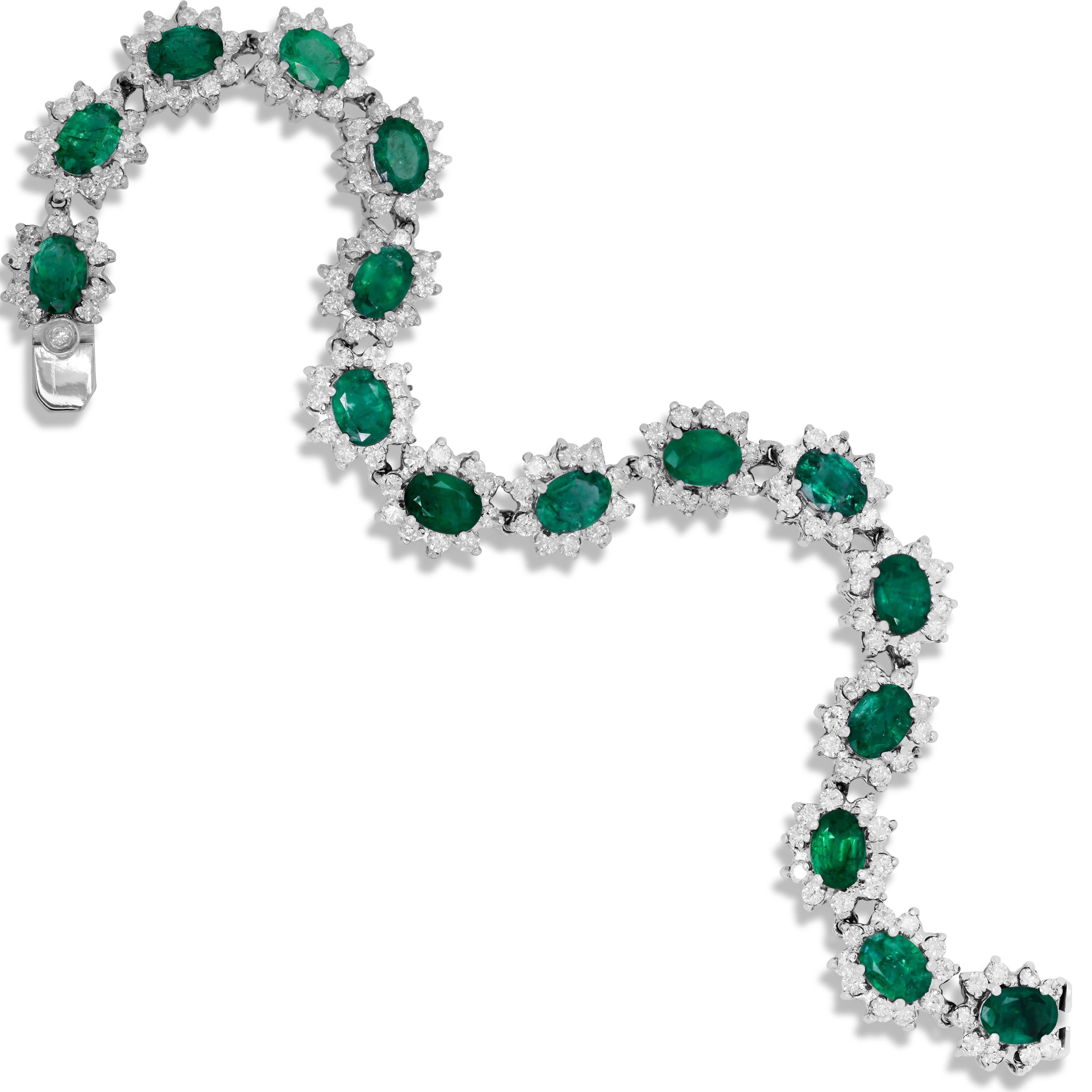 Contemporary White Gold and Diamond Bracelet with Oval Cut Zambian Emeralds