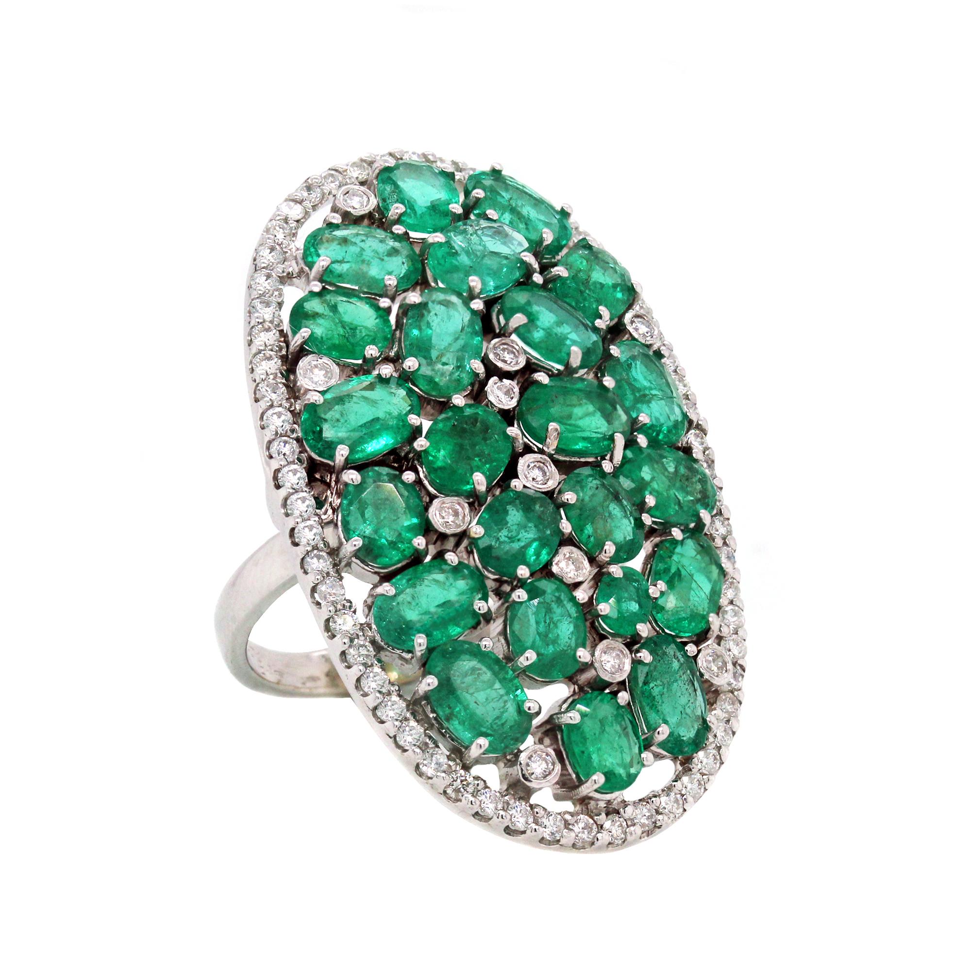 White Gold and Diamond Cluster Ring with Emeralds In Excellent Condition In Boca Raton, FL