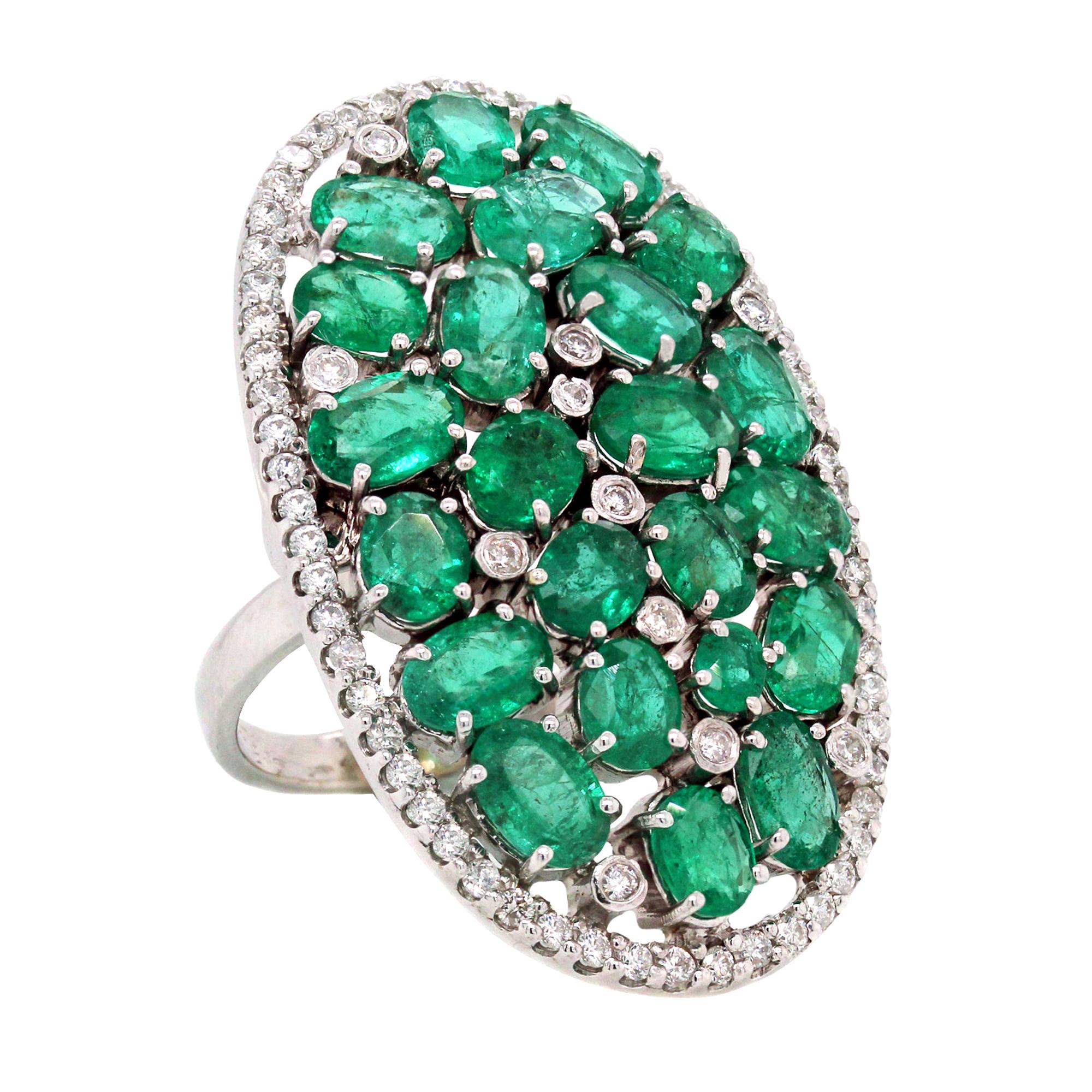 White Gold and Diamond Cluster Ring with Emeralds