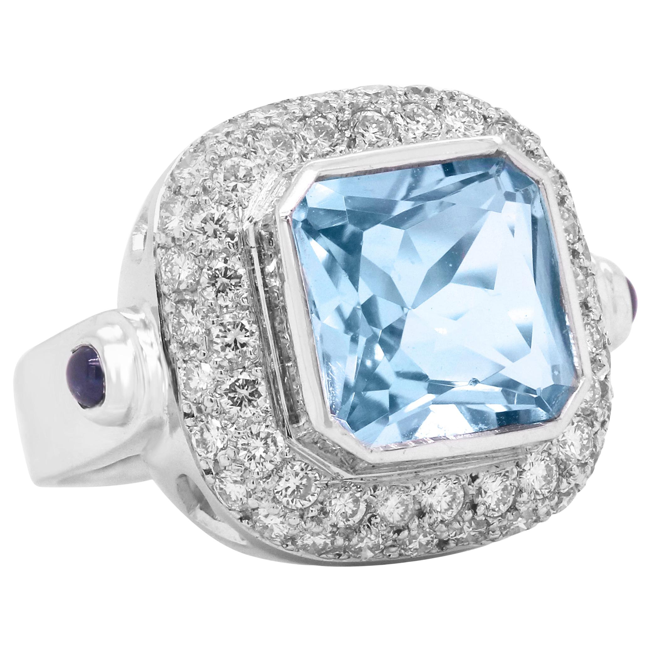 White Gold and Diamond Cocktail Ring with Cushion Cut Aquamarine Center