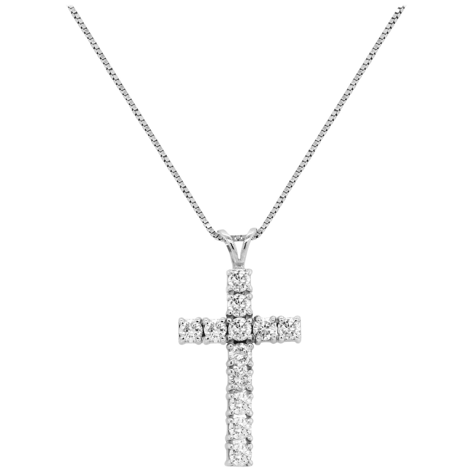 White Gold and Diamond Cross Pendant Chain Necklace