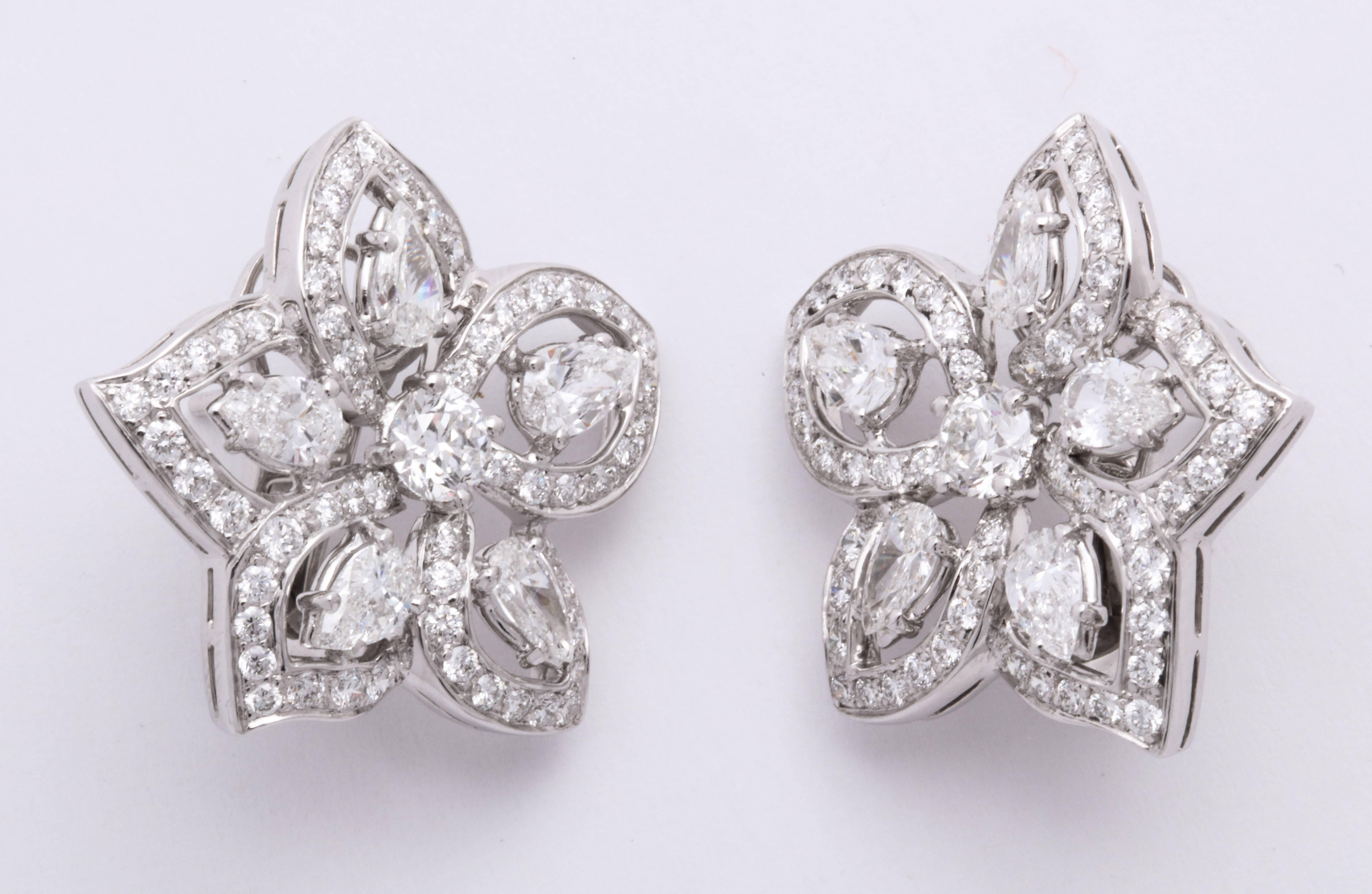 Pear Cut White Gold and Diamond Floral Earrings For Sale