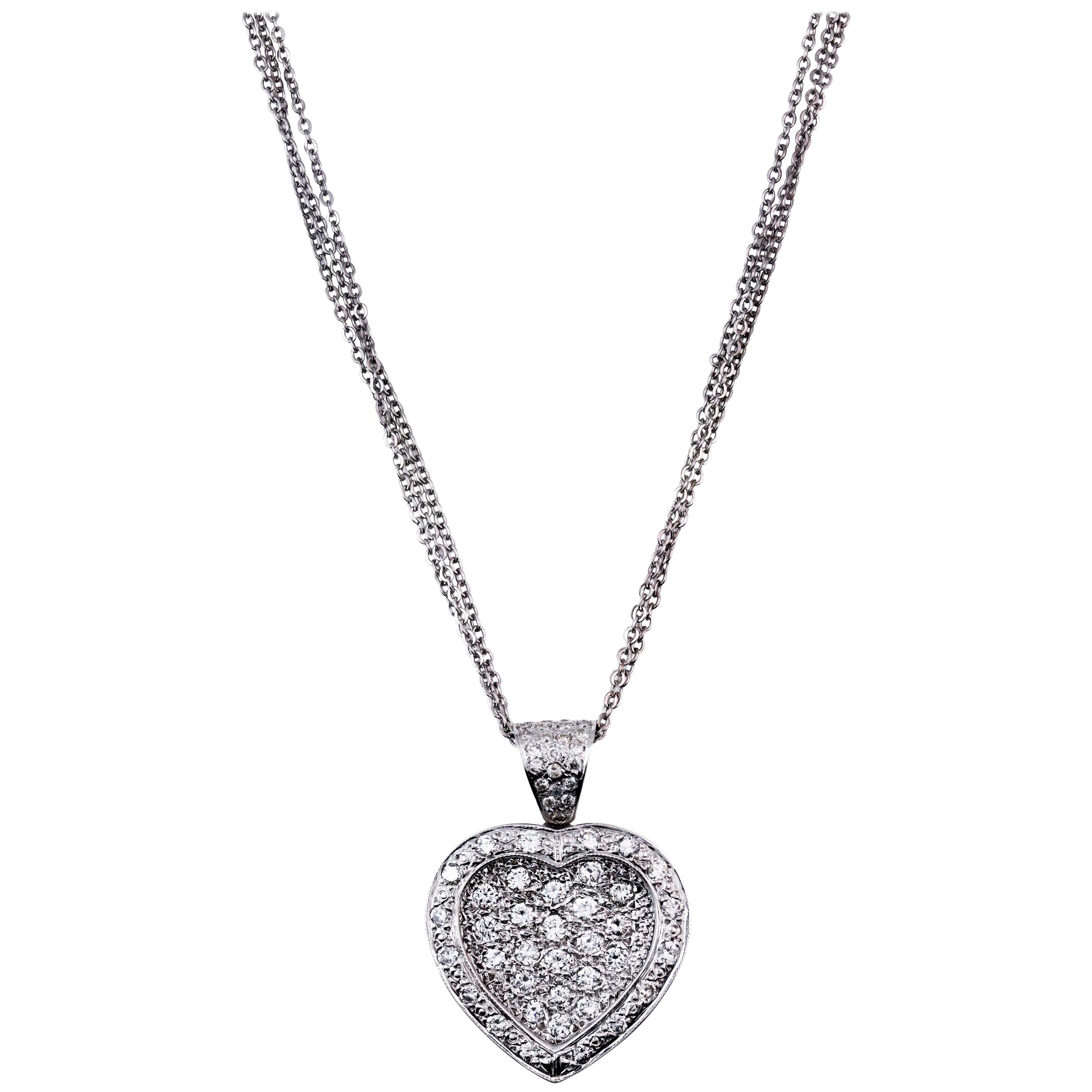White Gold and Diamond Heart Pendant with Triple-Link Chain
