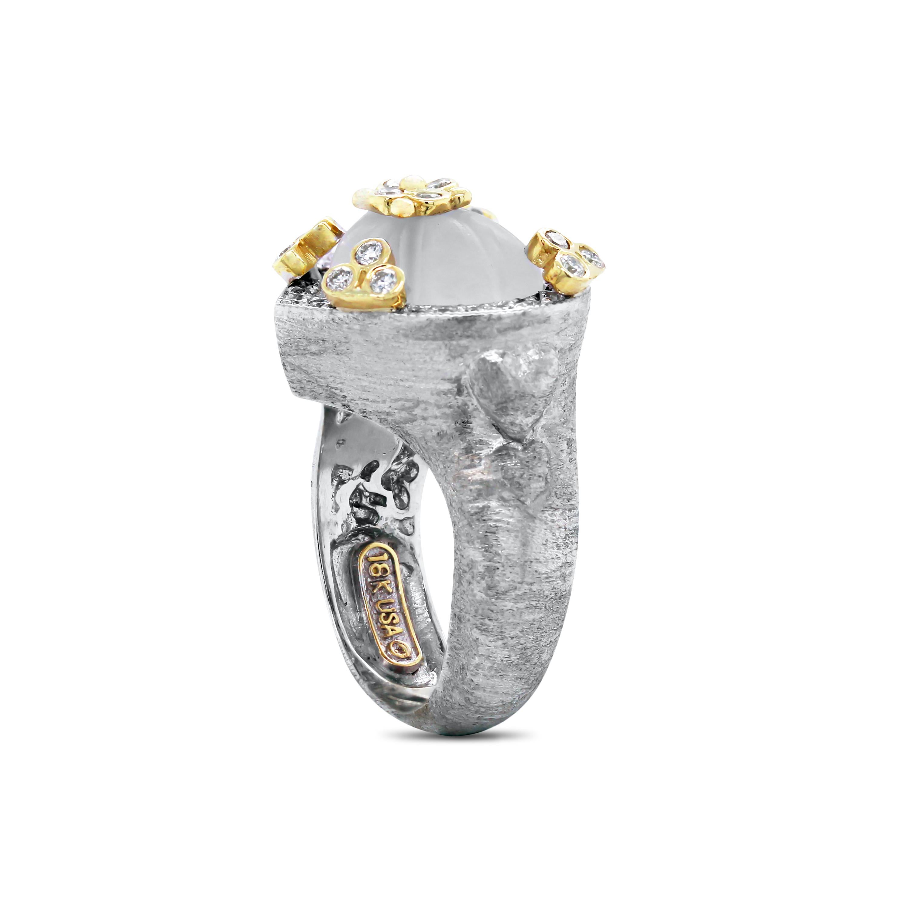 Women's White Gold and Diamond Heart Ring with Frosted Crystal Center Stambolian