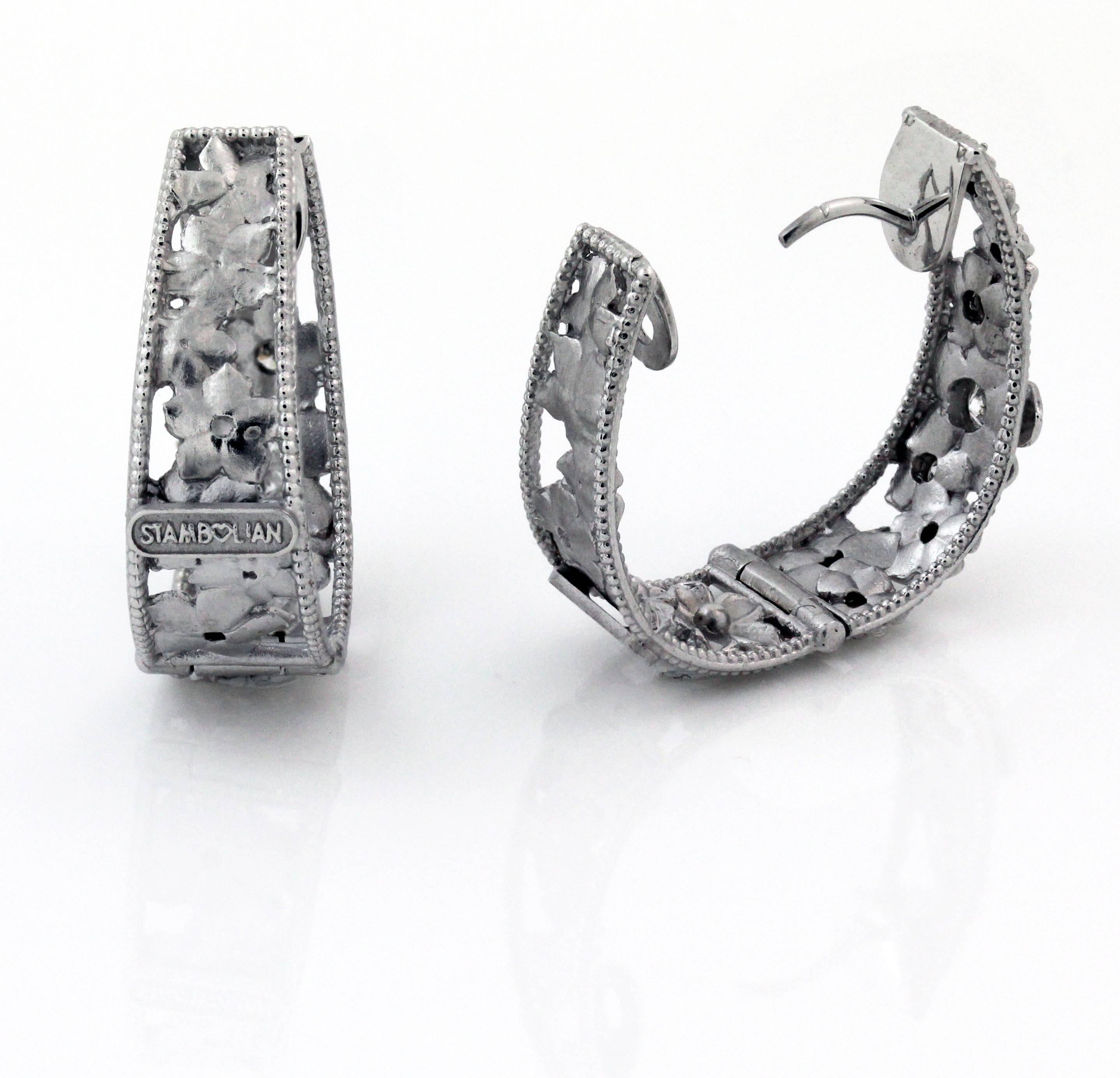 Round Cut Stambolian 18K White Gold and Diamond Inside Out Floral Hoop Earrings 