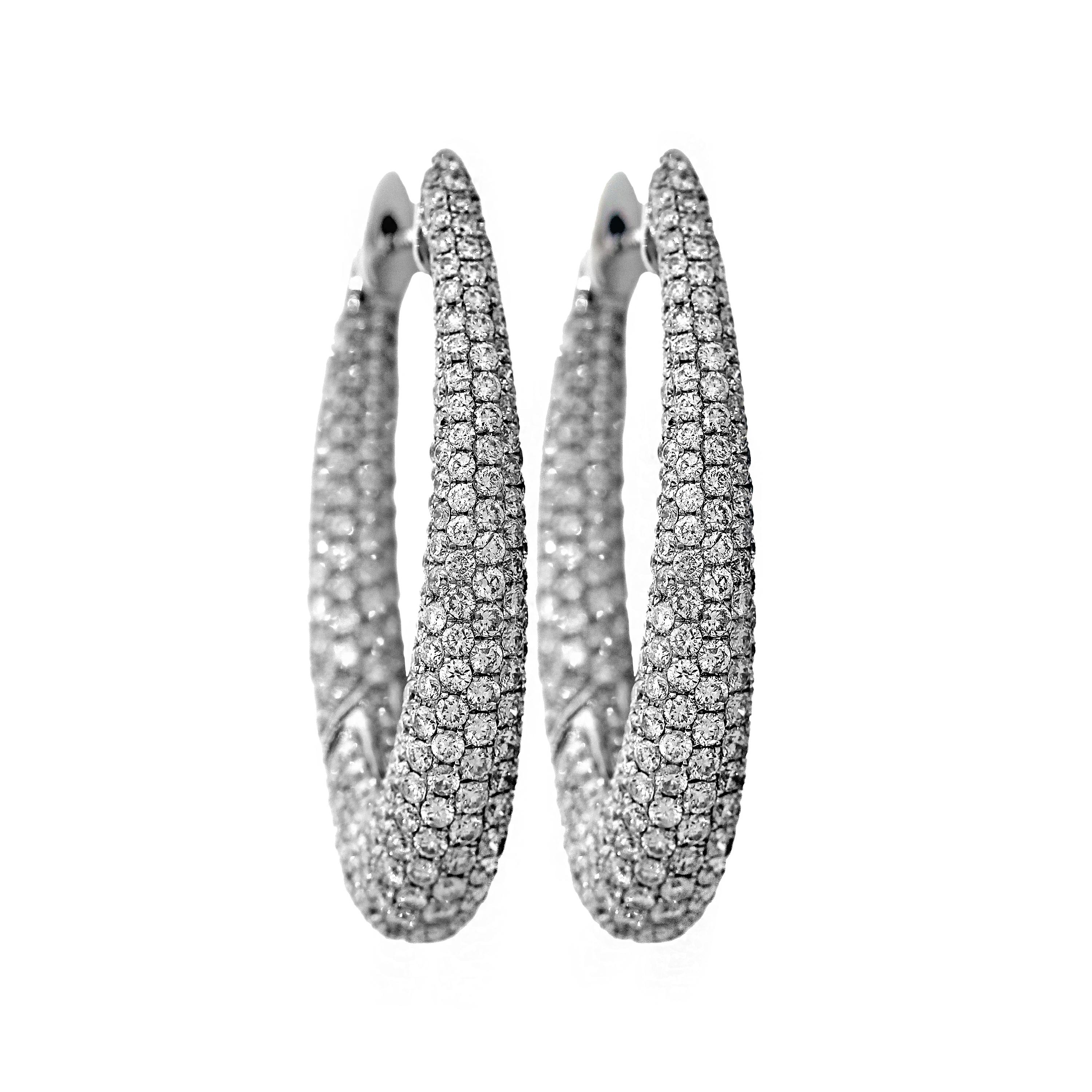 18K White Gold and Diamond Inside-Out Oval Shape Hoop Earrings For Sale