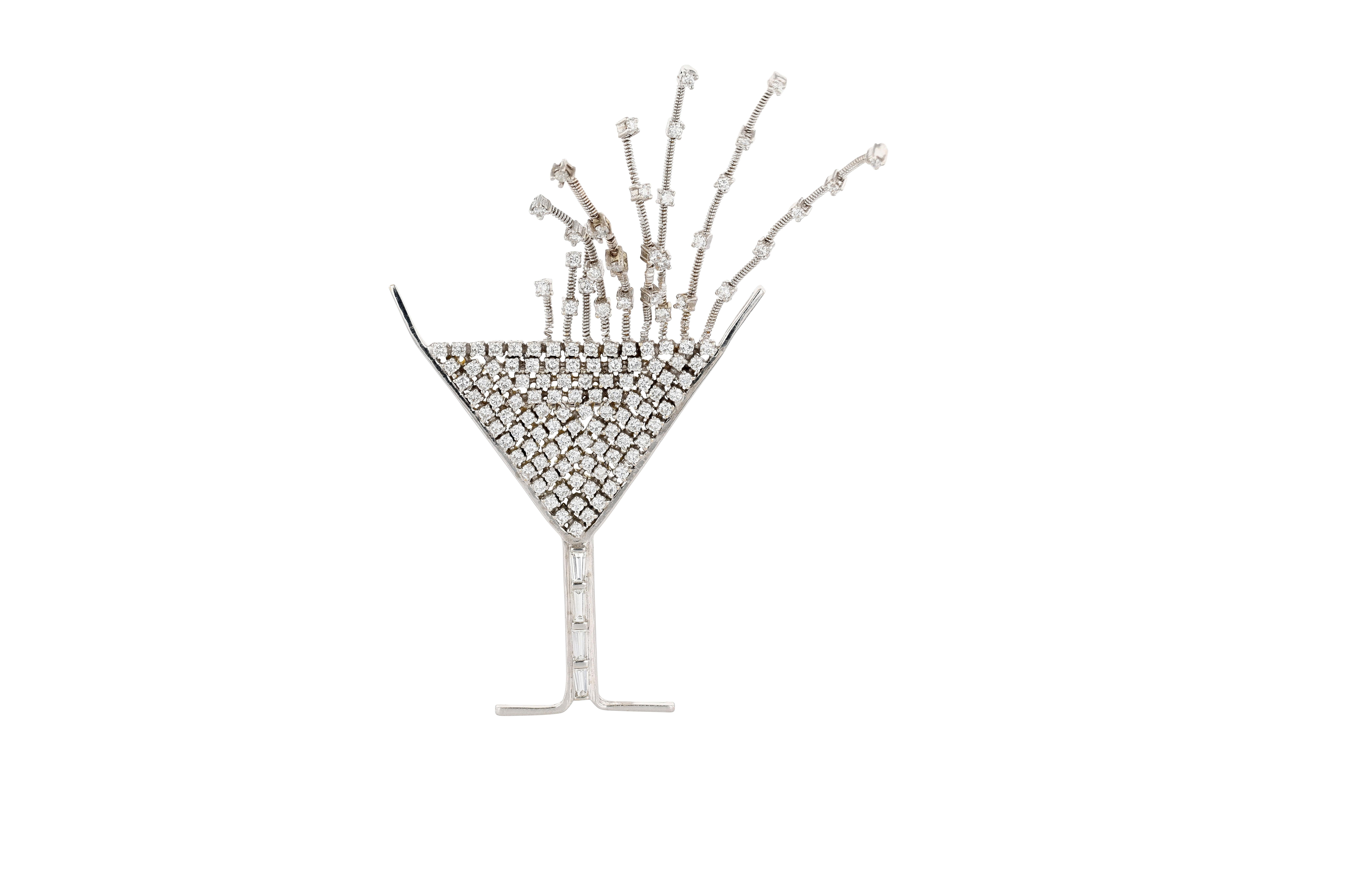 Art Deco White Gold and Diamond Martini Pin by Washkoff With En Tremblant Diamond Bubbles For Sale