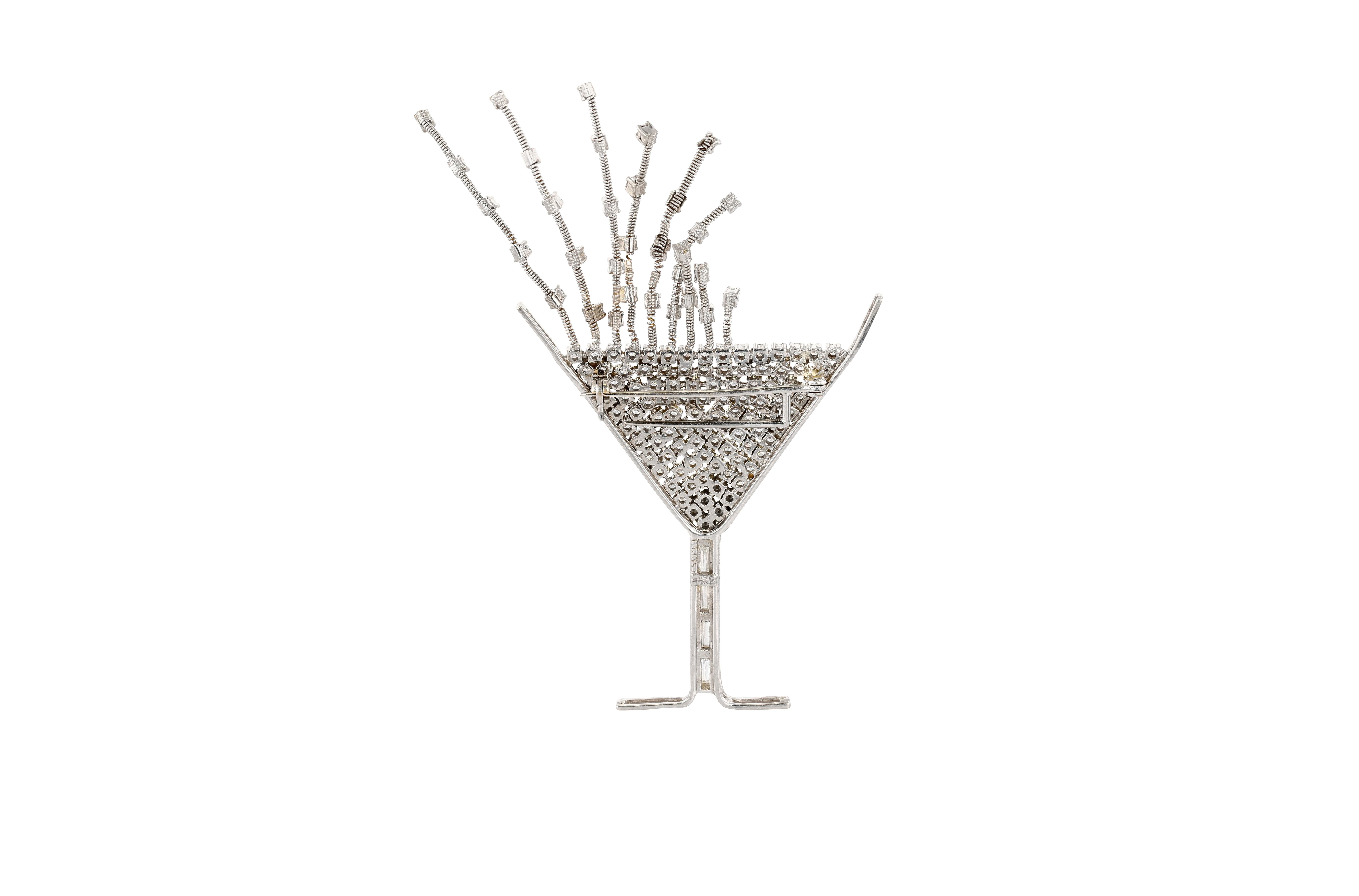 Brilliant Cut White Gold and Diamond Martini Pin by Washkoff With En Tremblant Diamond Bubbles For Sale