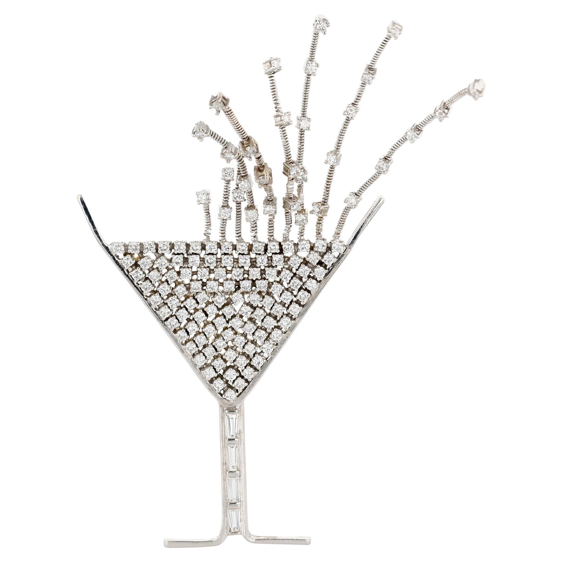 White Gold and Diamond Martini Pin by Washkoff With En Tremblant Diamond Bubbles For Sale