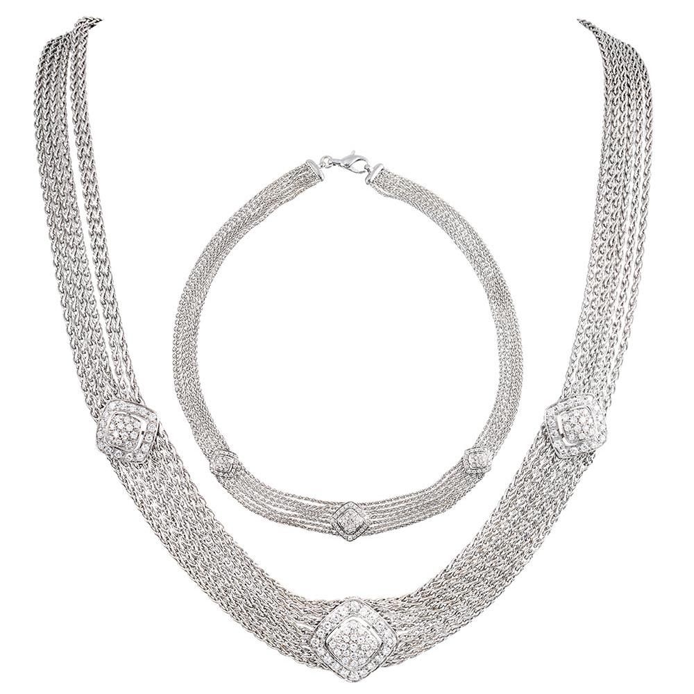 White Gold and Diamond Mesh Bracelet and Necklace Suite