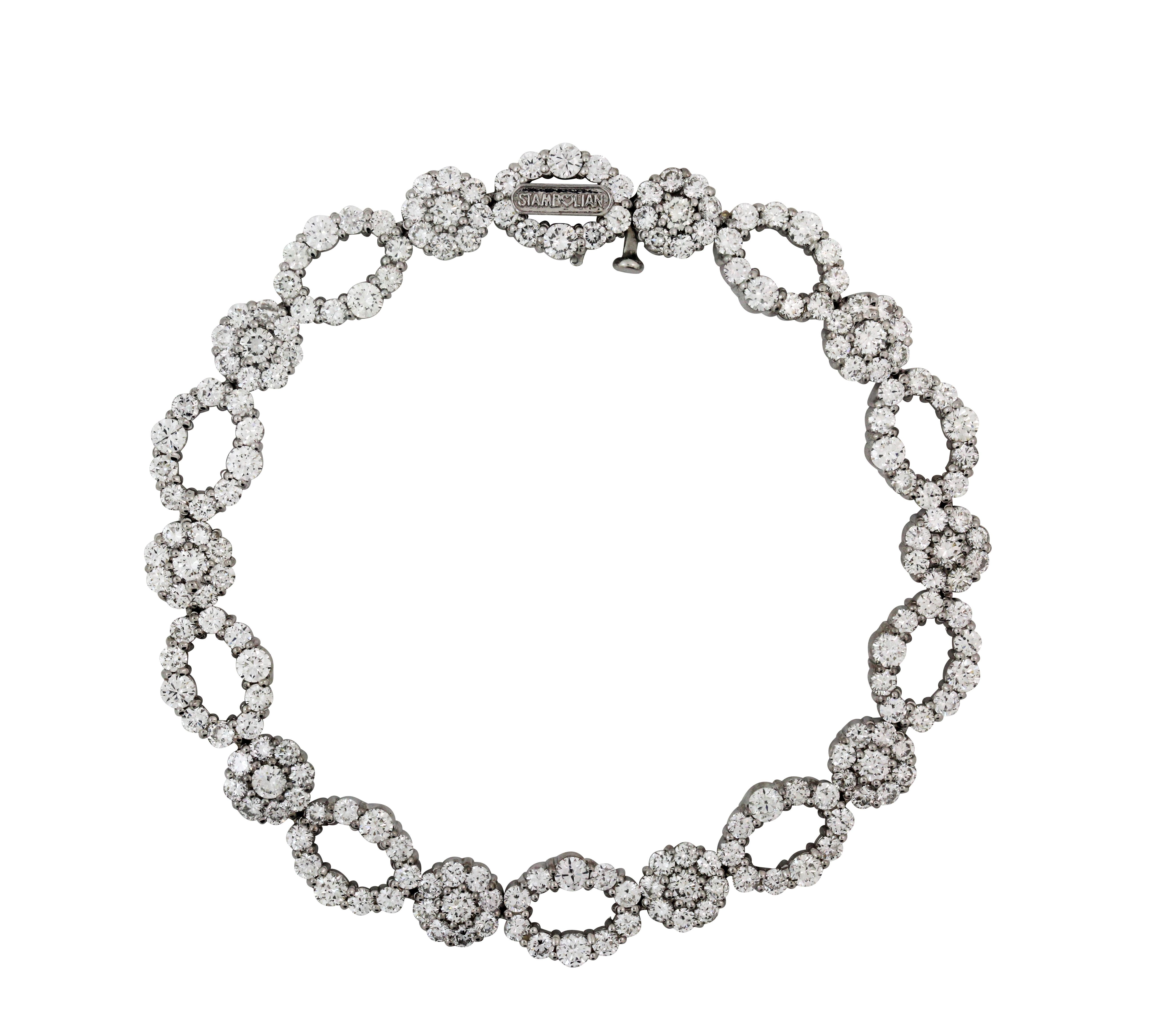 18K White Gold Link Bracelet with White Diamonds by Stambolian 

Bracelet has 8.76 carat G color, VS clarity white diamonds

Bracelet has a very secure clasp with safety underneath. 

Bracelet measures 7 inches in length x 0.5 inch width

Signed