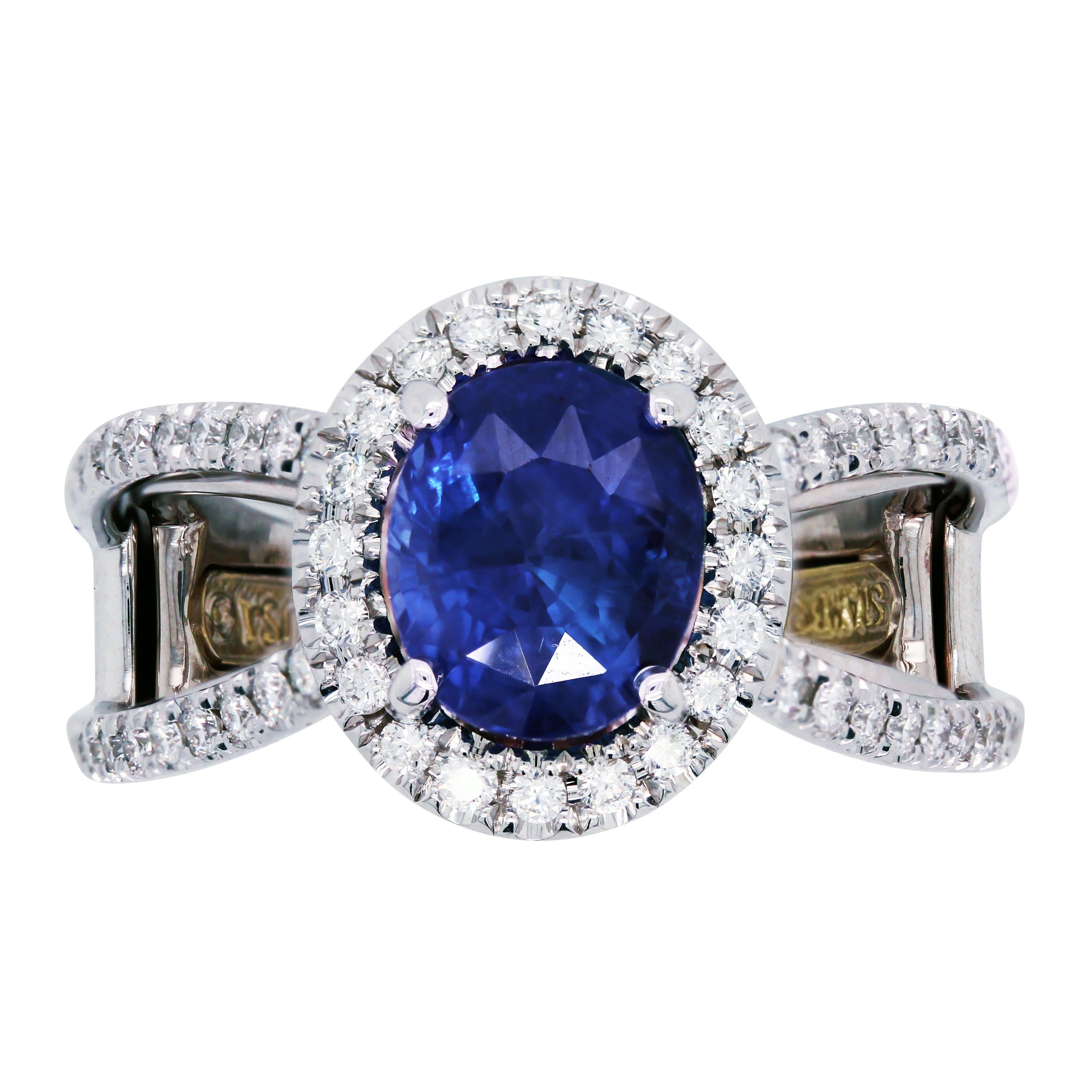 Stambolian 3.48 Carat Oval Blue Sapphire 18K White Gold Diamond Cocktail Ring In New Condition In Boca Raton, FL