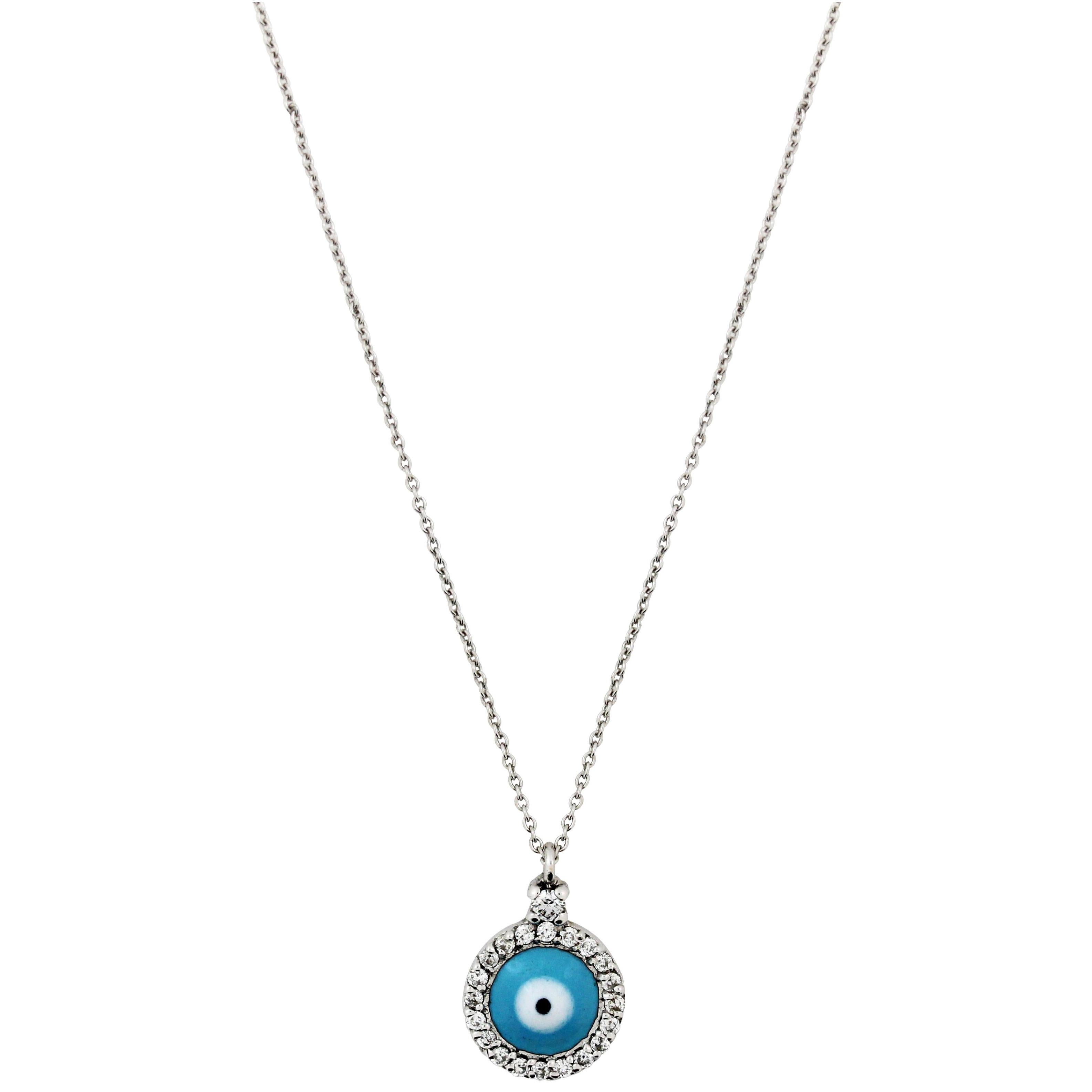 White Gold and Diamond Round Evil Eye Necklace with Blue Enamel