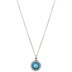 White Gold and Diamond Round Evil Eye Necklace with Blue Enamel