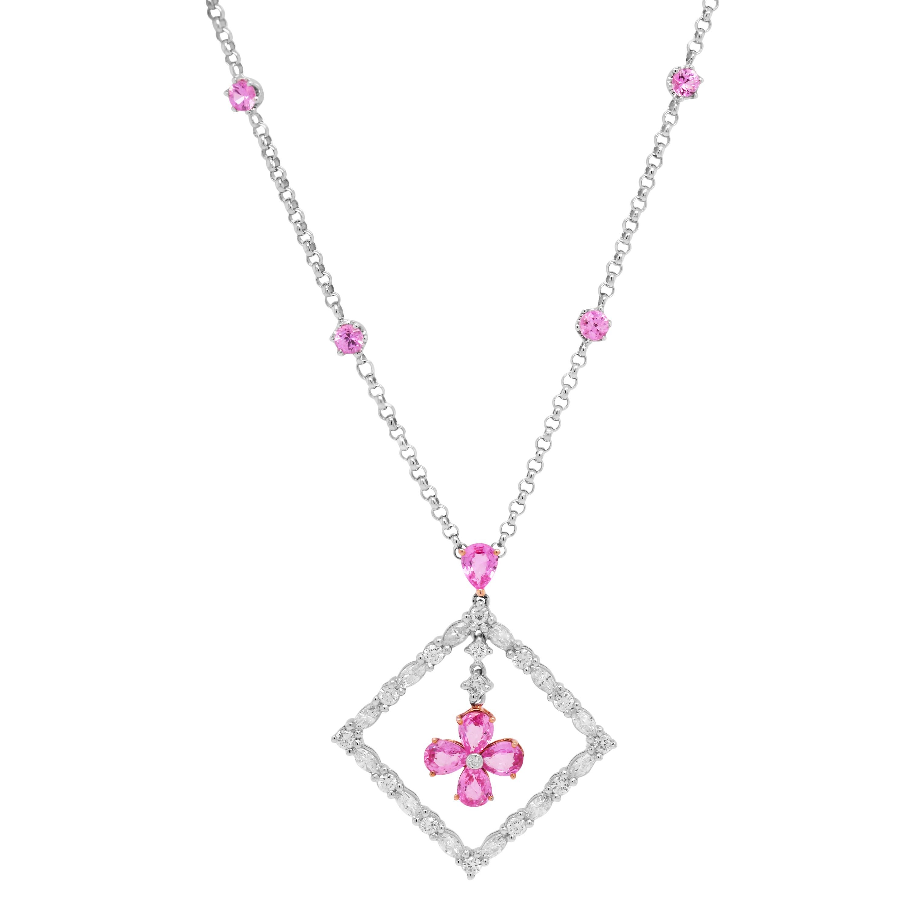 Contemporary White Gold and Diamond Square Pendant Necklace with Pink Sapphires For Sale