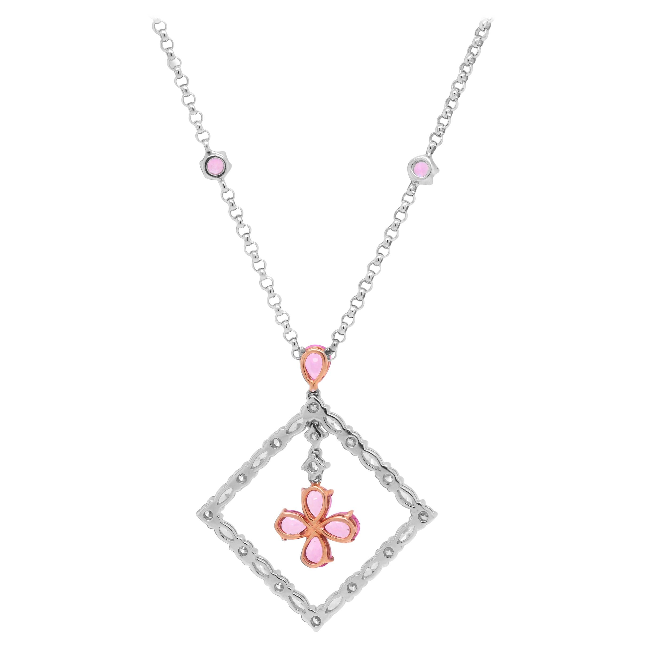 White Gold and Diamond Square Pendant Necklace with Pink Sapphires For Sale