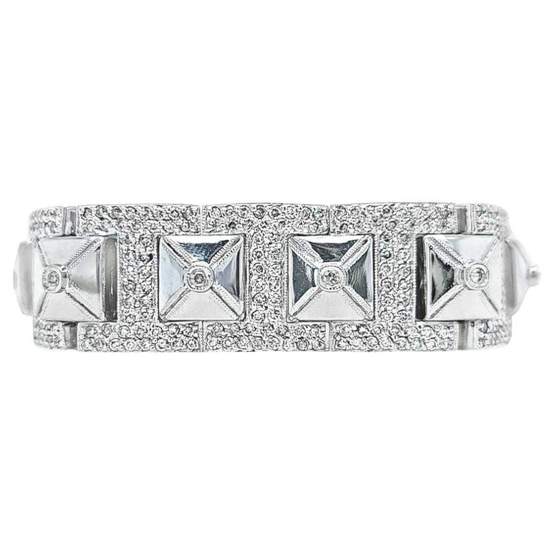 White Gold and Diamond Wide Pyramid Bracelet For Sale
