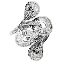 White Gold and Emerald Cut Diamond Ribbon Ring