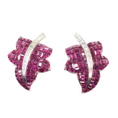 White Gold and Invisible Set Ruby Leaf Form Earrings