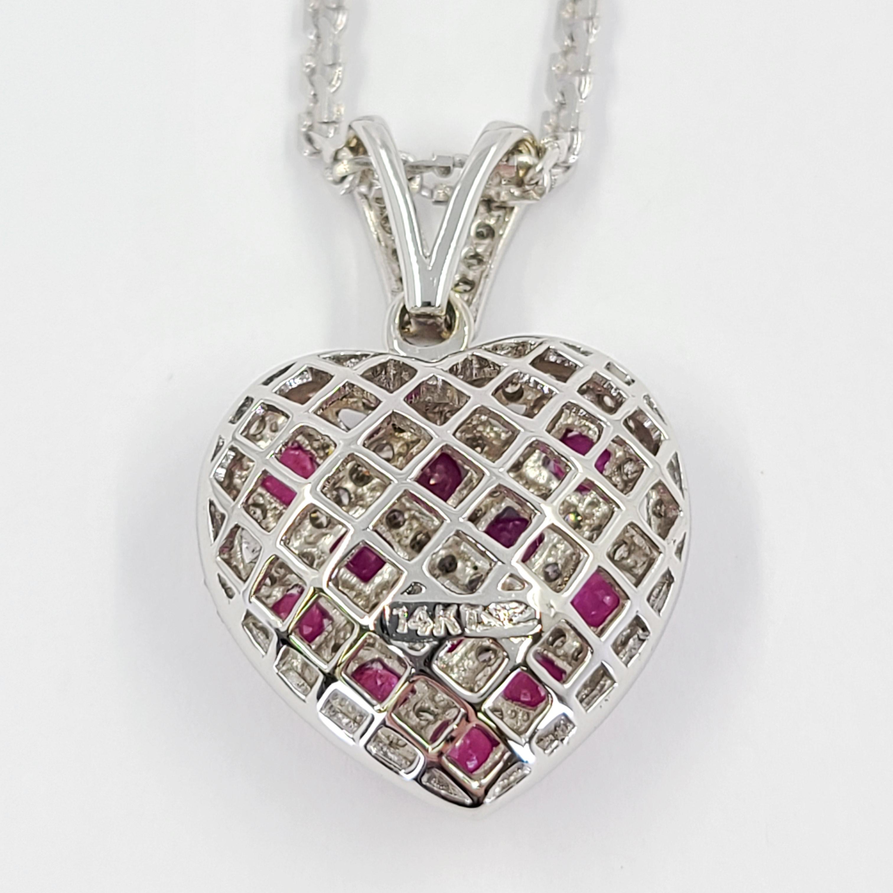 Round Cut White Gold and Ruby Puff Heart Pendant For Sale