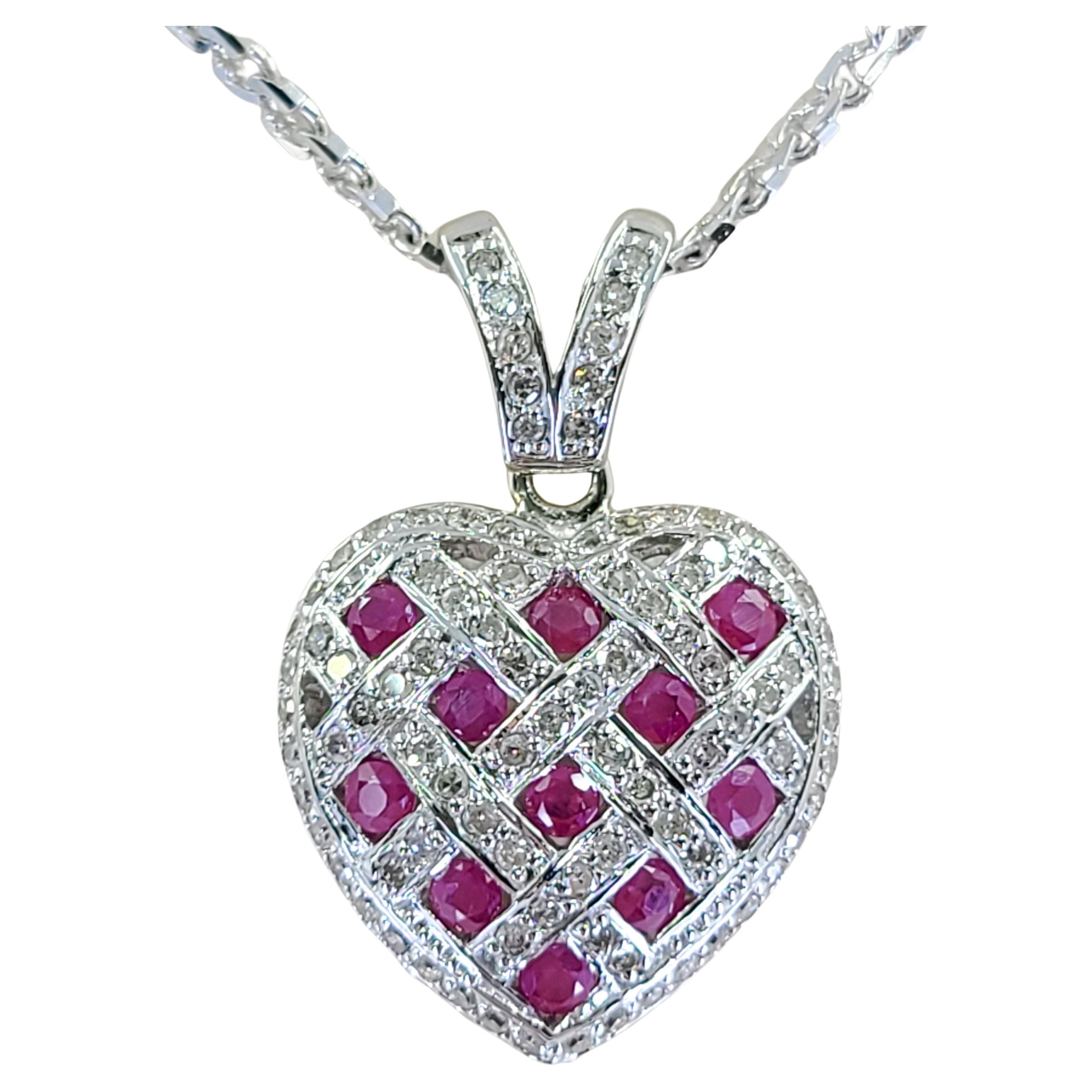 White Gold and Ruby Puff Heart Pendant For Sale