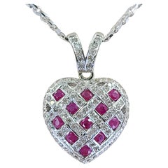 White Gold and Ruby Puff Heart Pendant