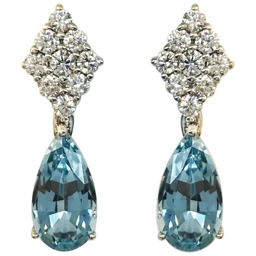 White Gold Aquamarine and Diamond Drop Earrings For Sale