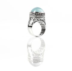 White Gold Aquamarine Cabochon and Diamonds Eiffel Cocktail Ring