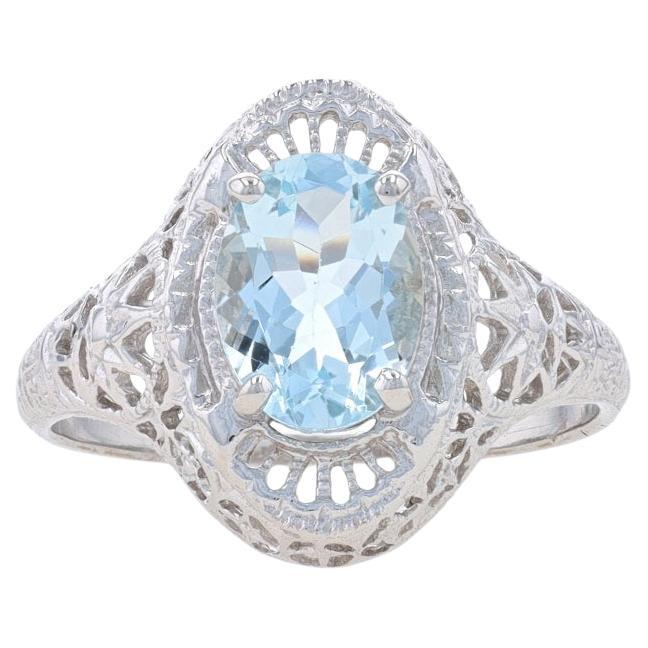 Bague solitaire cocktail aigue-marine ovale filigrane en or blanc 10 carats, 1,20 carat