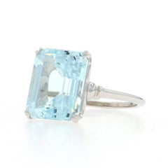 White Gold Aquamarine Cocktail Solitaire Ring - 14k Emerald Cut 17.36ct Sz 4 1/2