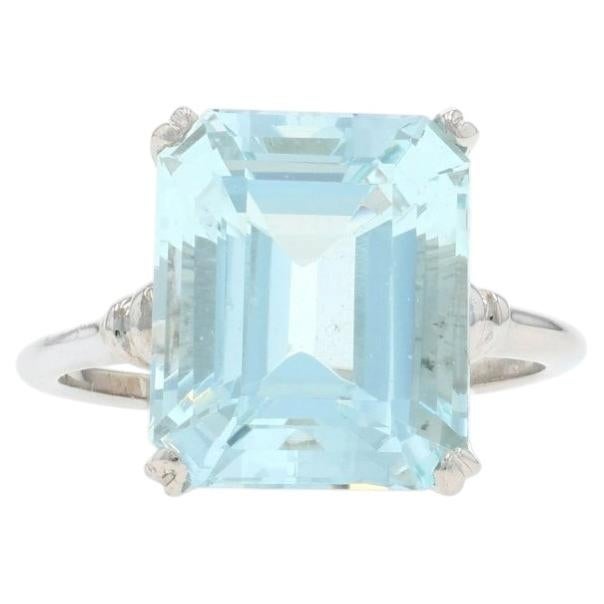 White Gold Aquamarine Cocktail Solitaire Ring - 14k Emerald Cut 17.36ct Sz 4 1/2
