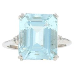 White Gold Aquamarine Cocktail Solitaire Ring - 14k Emerald Cut 17.36ct Sz 4 1/2