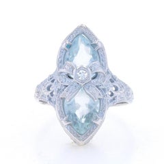 White Gold Aquamarine Diamond Art Deco Floral Bow Ring -14k Pear 2.00ctw Vintage