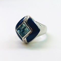 White Gold Aquamarine Diamond Blue Enamel Ring